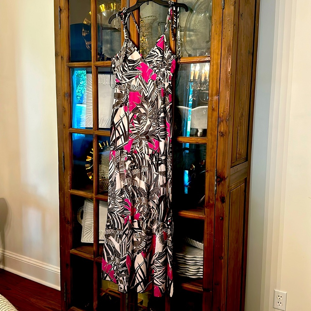 Trina Turk maxi dress purple black and white palm in size 4